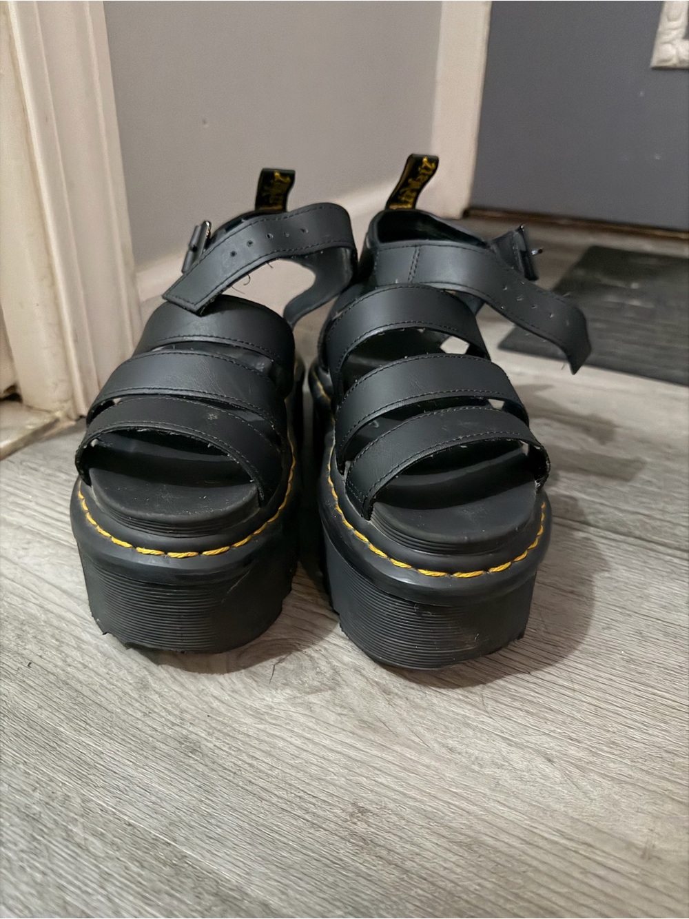 Dr. Martens Black Platform Strappy Sandals with Yellow Stitching